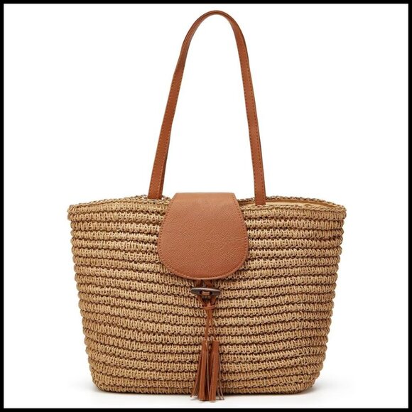 Handbags - Hand-Woven Straw Tote Shoulder Bag Large Beach Purse Minimal Boho Vacation